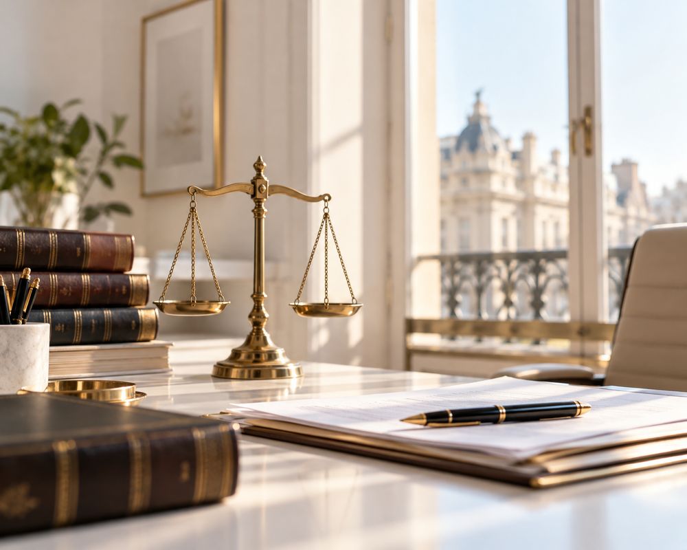 Escritorio de abogado con una balanza de la justicia