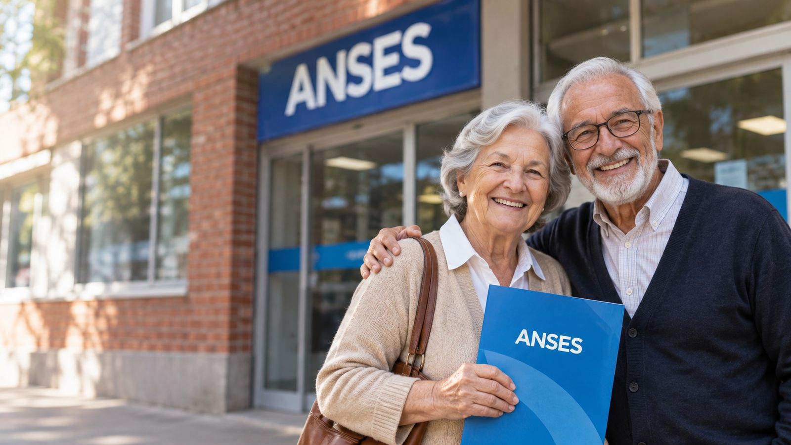 Pareja de jubilados sonriendo frente a una oficina de ANSES